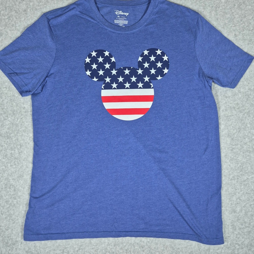 Disney T-Shirt Mens XL Blue Mickey Mouse American Flag Stars Stripes Graphic